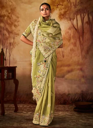 Embroidered, Sequins and Weaving Work Kanjivaram Silk Classic Sari In Green