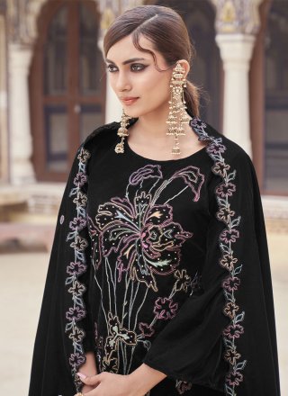 Embroidered, Sequins and Zari Work Velvet Palazzo Salwar Suit In Black