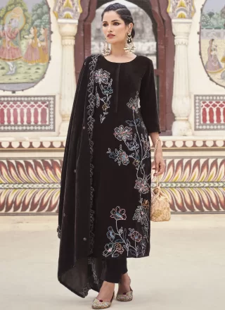 Embroidered, Sequins and Zari Work Velvet Salwar Suit In Brown for Ceremonial