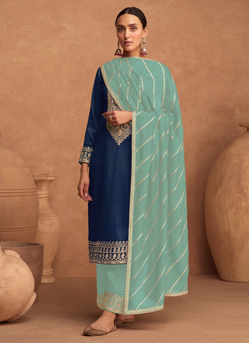 Embroidered Silk Designer Salwar Kameez in Blue