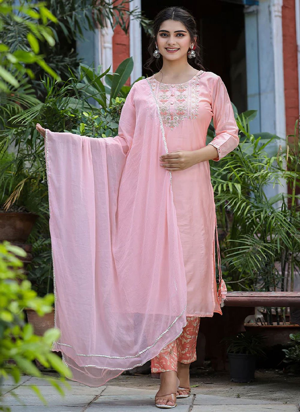Embroidered Silk Long Length Salwar Kameez in Rose Pink