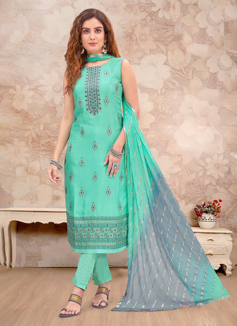 Embroidered Silk Trendy Salwar Suit in Green