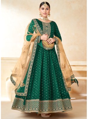 Embroidered Tafeta Silk Anarkali Salwar Suit in Green
