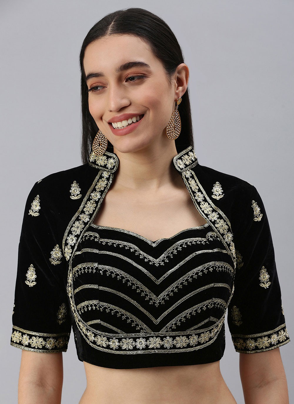Shop Online Embroidered Velvet Blouse in Black : 246662 