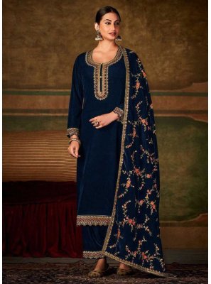 Embroidered Velvet Blue Designer Palazzo Salwar Kameez