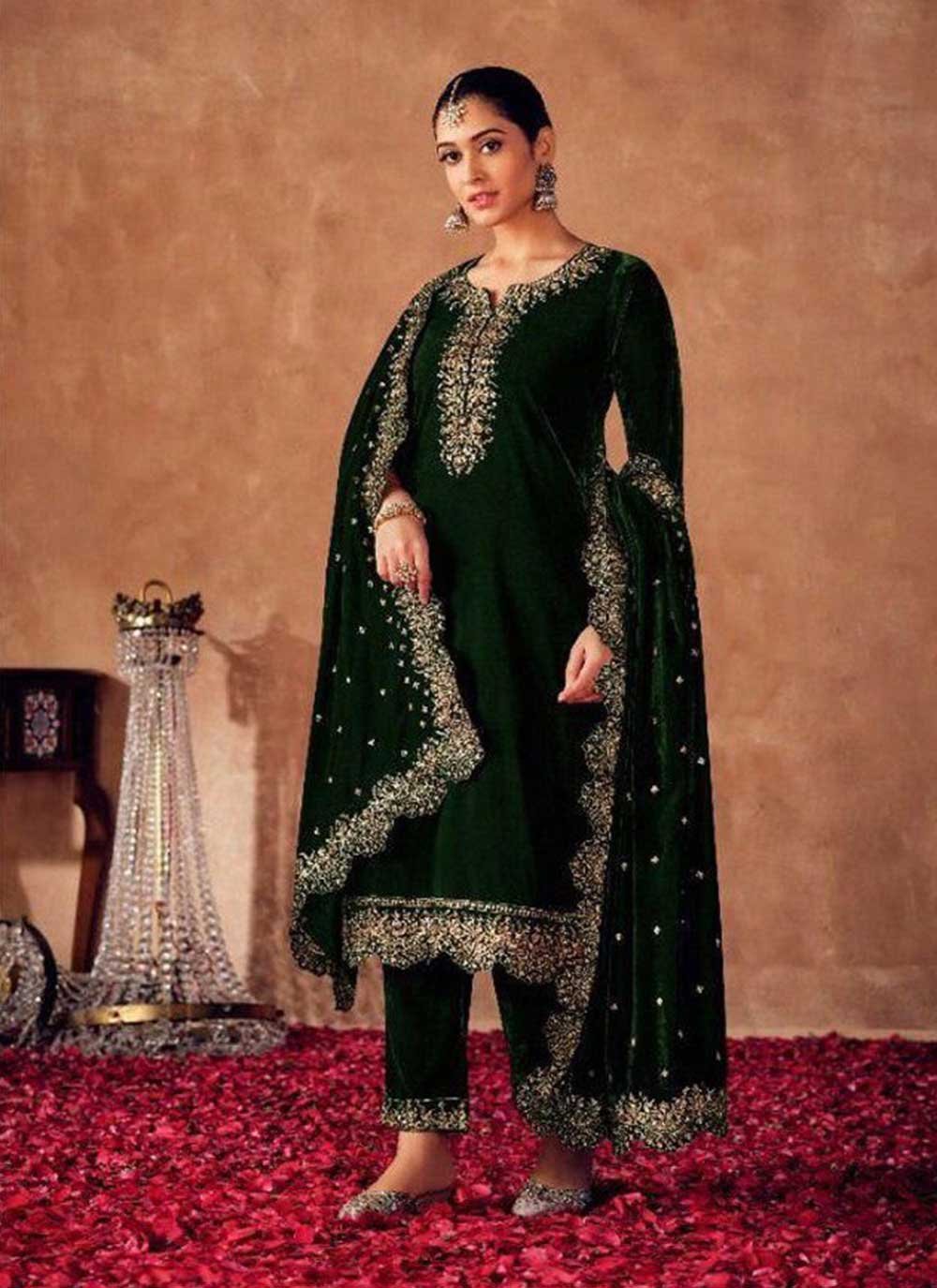 Embroidered Velvet Pant Style Suit in Green