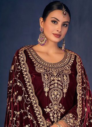 Embroidered Velvet Trendy Salwar Kameez in Maroon