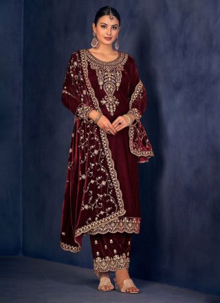 Embroidered Velvet Trendy Salwar Kameez in Maroon