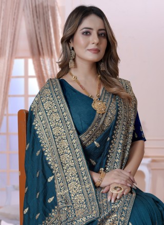 Embroidered Vichitra Silk Teal Classic Saree