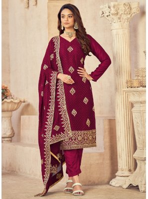 Embroidered Vichitra Silk Wine Trendy Salwar Suit