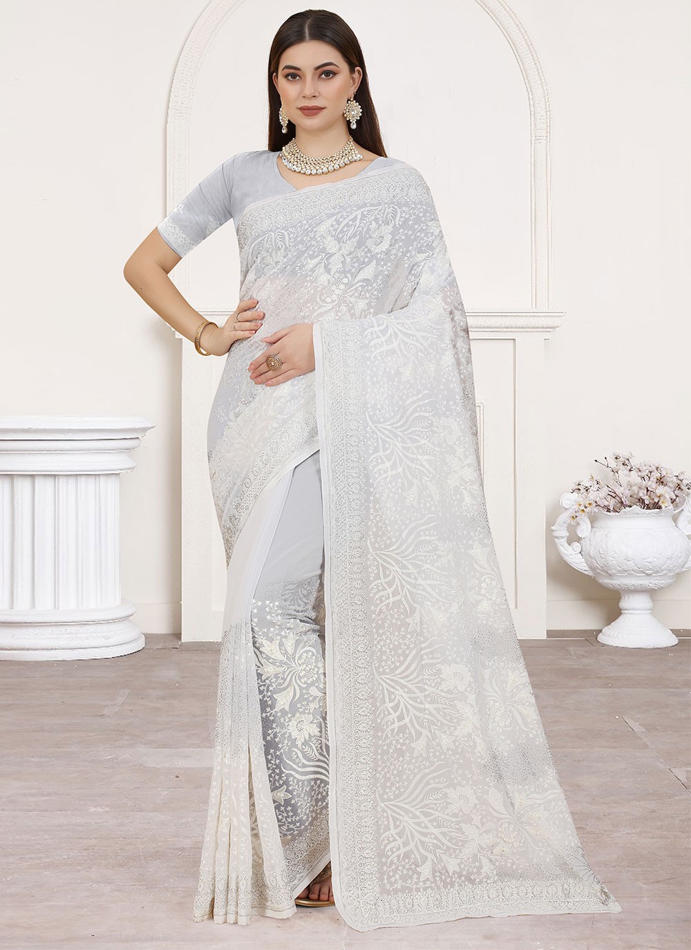 Buy waanmayi Floral Print Banarasi Pure Silk White Sarees Online @ Best  Price In India | Flipkart.com