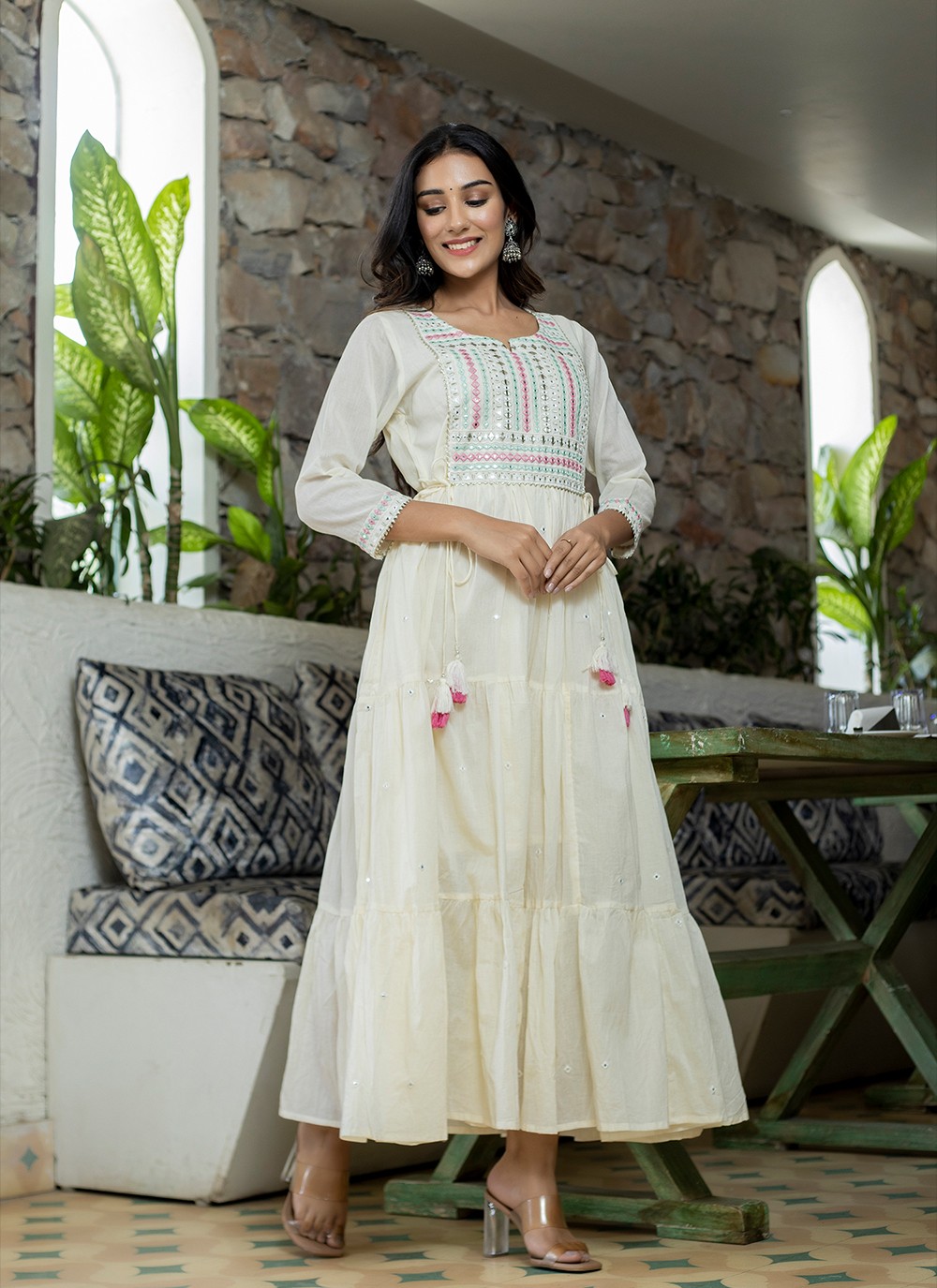 Embroidered White Readymade Gown