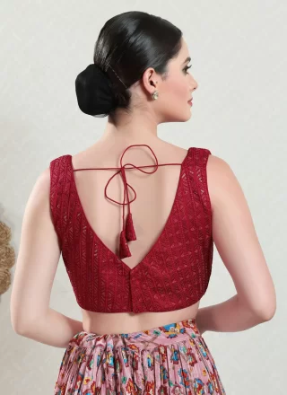 Embroidered Work Brocade Blouse In Maroon for Festival