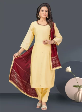 Embroidered Work Chanderi Silk Pant Style Suit In Yellow