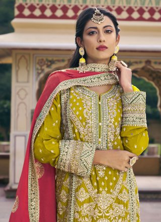 Embroidered Work Chinon Salwar Suit In Green for Ceremonial