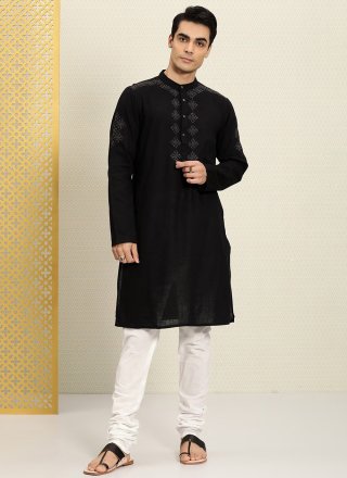 Embroidered Work Cotton Kurta Pyjama In Black
