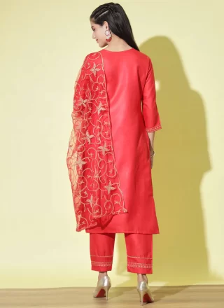 Embroidered Work Cotton Pant Style Suit In Red