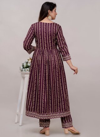 Embroidered Work Cotton Pant Style Suit In Wine for Festival