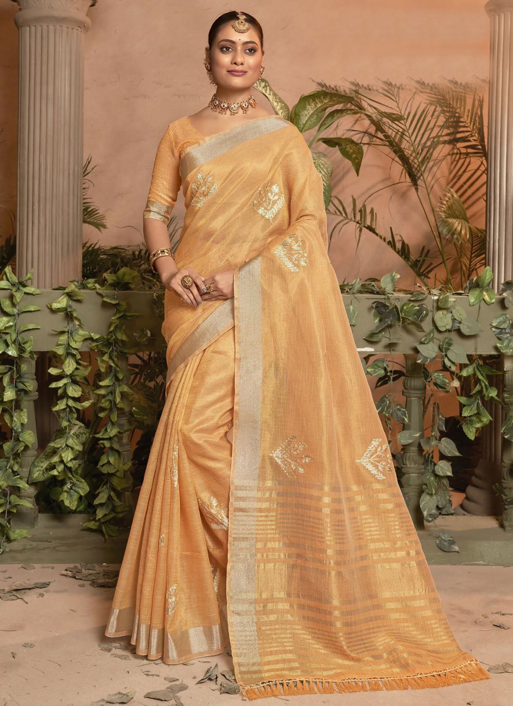 747859: Orange color family Party Wear Sarees with matching unstitched  blouse.