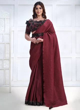 Embroidered Work Crepe Silk Contemporary Sari In Maroon for Engagement