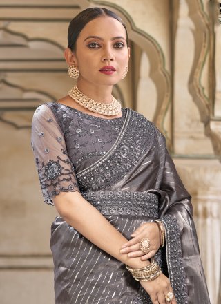 Grey Fancy Fabric Classic Saree with Embroidered Work for Women