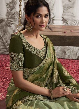 Embroidered Work Fancy Fabric Classic Saree In Green