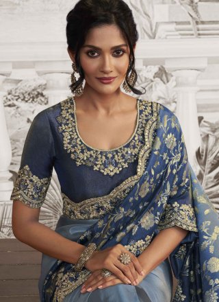 Embroidered Work Fancy Fabric Contemporary Saree In Blue and Grey