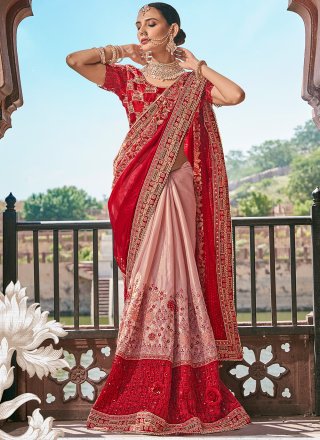 Embroidered Work Fancy Fabric Half N Half Saree In Pink and Red