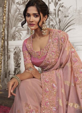 Embroidered Work Fancy Fabric Trendy Saree In Pink