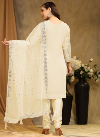 Embroidered Work Faux Georgette Churidar Suit In Yellow