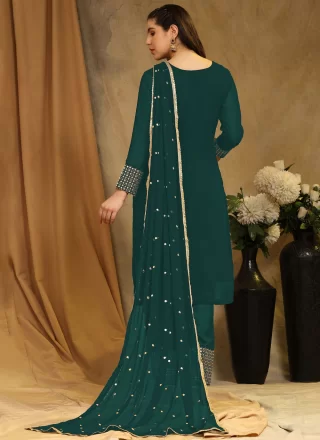 Embroidered Work Faux Georgette Pakistani Salwar Suit In Green for Ceremonial