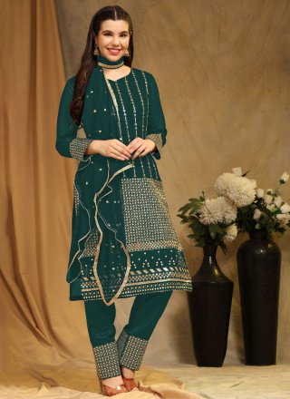Embroidered Work Faux Georgette Pakistani Salwar Suit In Green for Ceremonial