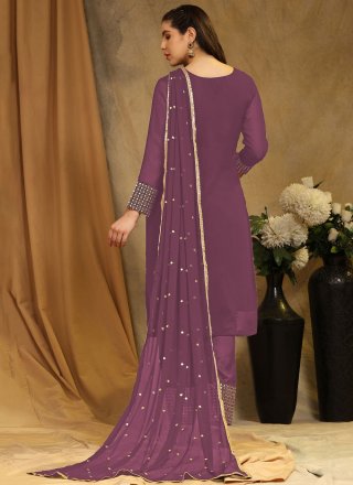 Embroidered Work Faux Georgette Pakistani Salwar Suit In Purple