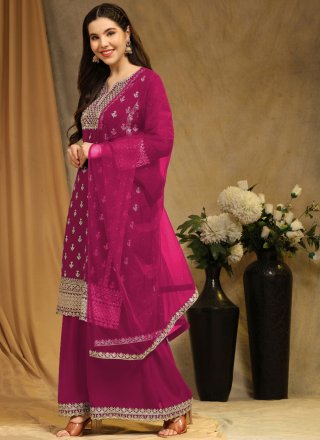 Embroidered Work Faux Georgette Palazzo Salwar Suit In Rani