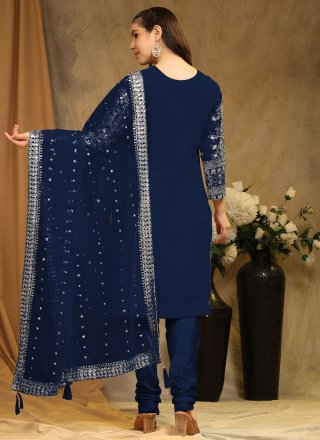 Embroidered Work Faux Georgette Salwar Suit In Blue for Ceremonial