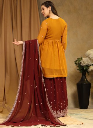 Embroidered Work Faux Georgette Salwar Suit In Mustard