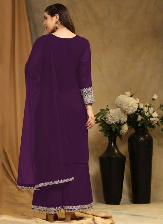 Embroidered Work Faux Georgette Salwar Suit In Purple for Ceremonial
