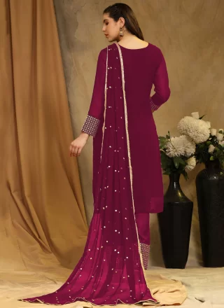 Embroidered Work Faux Georgette Salwar Suit In Rani for Ceremonial