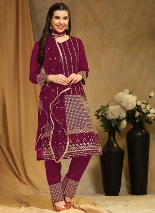 Embroidered Work Faux Georgette Salwar Suit In Rani for Ceremonial