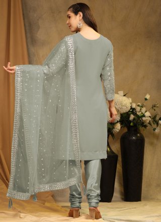 Embroidered Work Faux Georgette Trendy Suit In Grey for Ceremonial