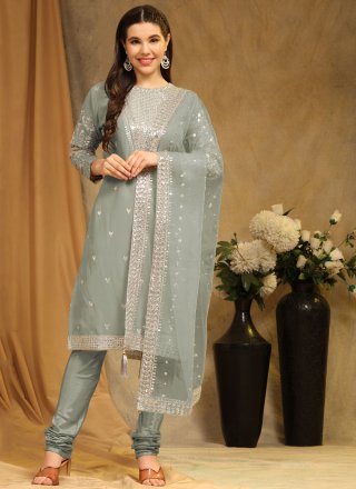 Embroidered Work Faux Georgette Trendy Suit In Grey for Ceremonial