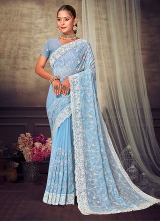 Embroidered Work Georgette Classic Saree In Blue for Festival