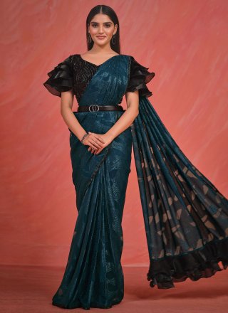 Embroidered Work Georgette Contemporary Saree In Teal