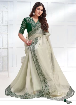 Embroidered Work Georgette Contemporary Sari In Green