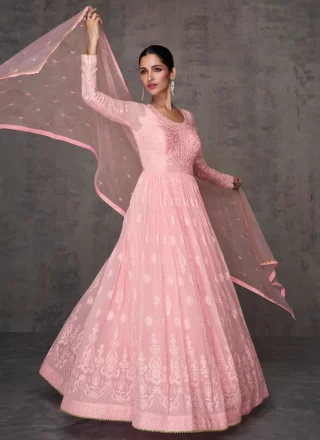 Embroidered Work Georgette  Designer Gown In Pink
