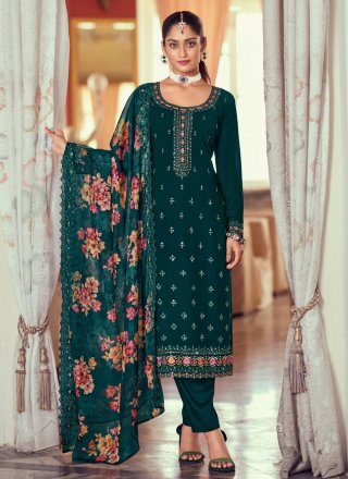 Embroidered Work Georgette Salwar Suit In Teal
