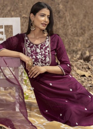 Embroidered Work Muslin Salwar Suit In Purple