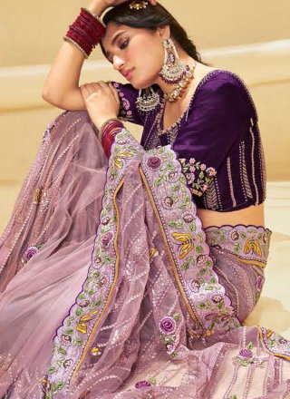 Embroidered Work Net Classic Saree In Purple for Party