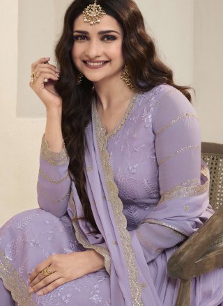 Embroidered Work Organza Palazzo Salwar Suit In Lavender