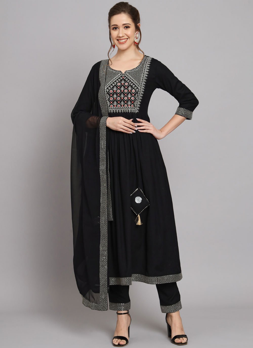 Embroidered Work Rayon Salwar Suit In Black